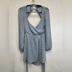 Lulu's Floral Long Sleeve Blue And Cream Open Back Dress Womens Size Medium